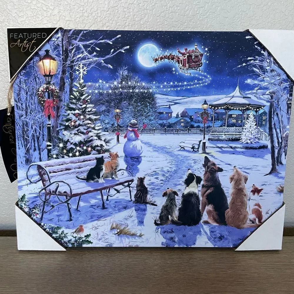 Christmas Dogs Winter Night Santa Sleigh Canvas Wall Art Painting